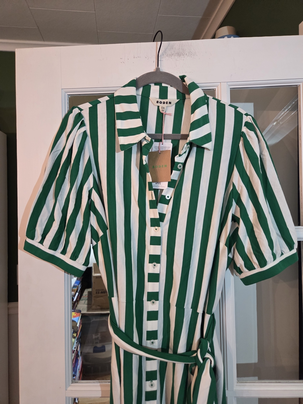 Boden Green and White Vertical Stripe Midi Shirt Dress - Size 14 - Picture 12 of 13